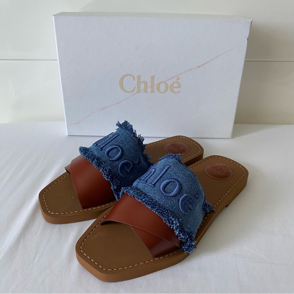 NWT 100% Authentic Chloe Woody Logo Flat Denim Slide Sandals - Picture 12 of 16